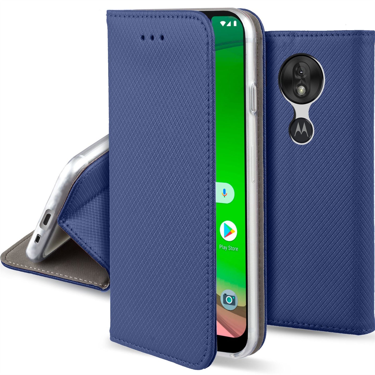 Moozy Case Flip Cover for Motorola Moto G7 Play, Dark Blue - Smart Magnetic Flip Case with Card Holder and Stand