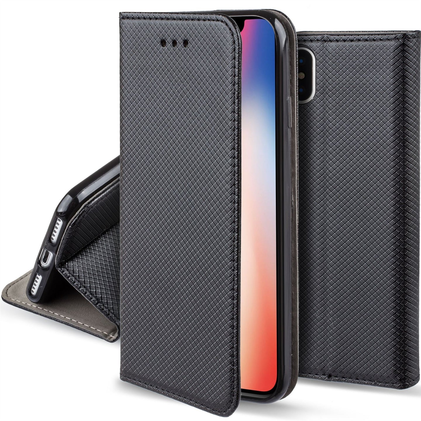 Moozy Case Flip Cover for iPhone X, iPhone XS, Black - Smart Magnetic Flip Case with Card Holder and Stand