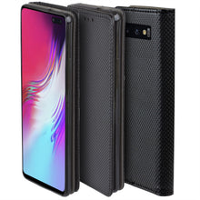Cargar imagen en el visor de la galería, Moozy Case Flip Cover for Samsung S10 Plus, Black - Smart Magnetic Flip Case with Card Holder and Stand
