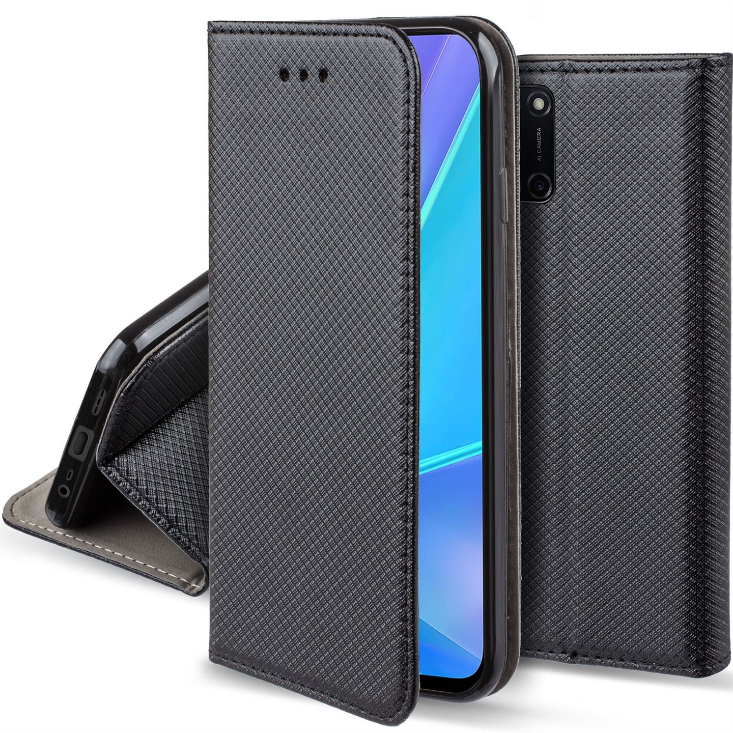 Moozy Case Flip Cover for Oppo A72, Oppo A52 and Oppo A92, Black - Smart Magnetic Flip Case with Card Holder and Stand