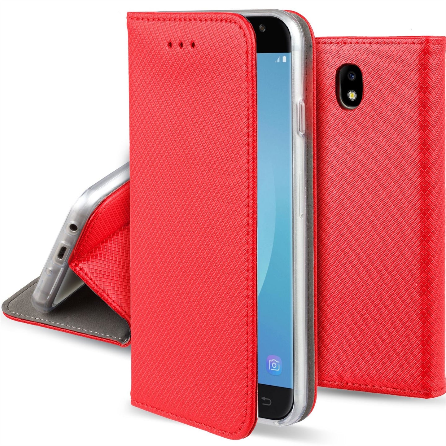 Moozy Case Flip Cover for Samsung J5 2017, Red - Smart Magnetic Flip Case with Card Holder and Stand
