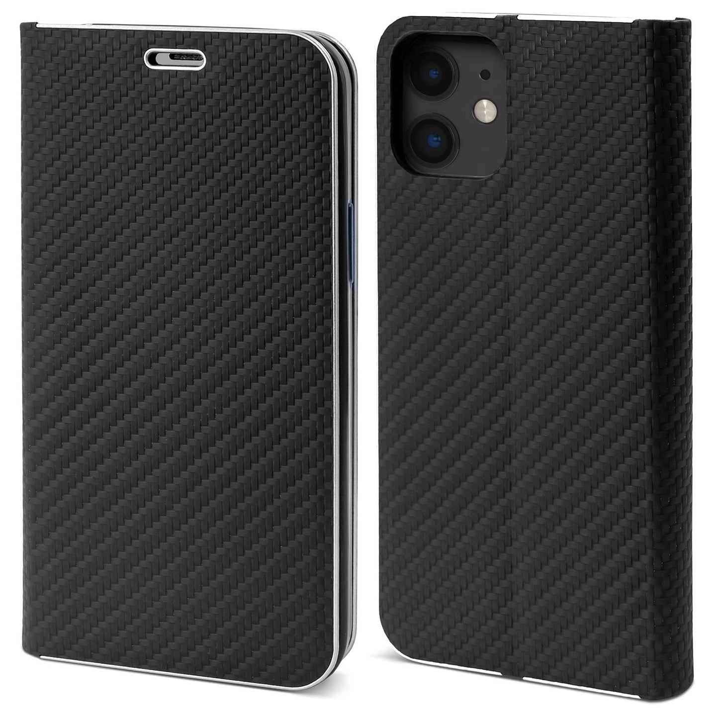 Moozy Wallet Case for iPhone 12, iPhone 12 Pro, Black Carbon – Metallic Edge Protection Magnetic Closure Flip Cover with Card Holder
