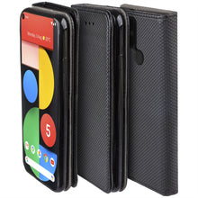 Carica l&#39;immagine nel visualizzatore di Gallery, Moozy Case Flip Cover for Google Pixel 5, Black - Smart Magnetic Flip Case with Card Holder and Stand
