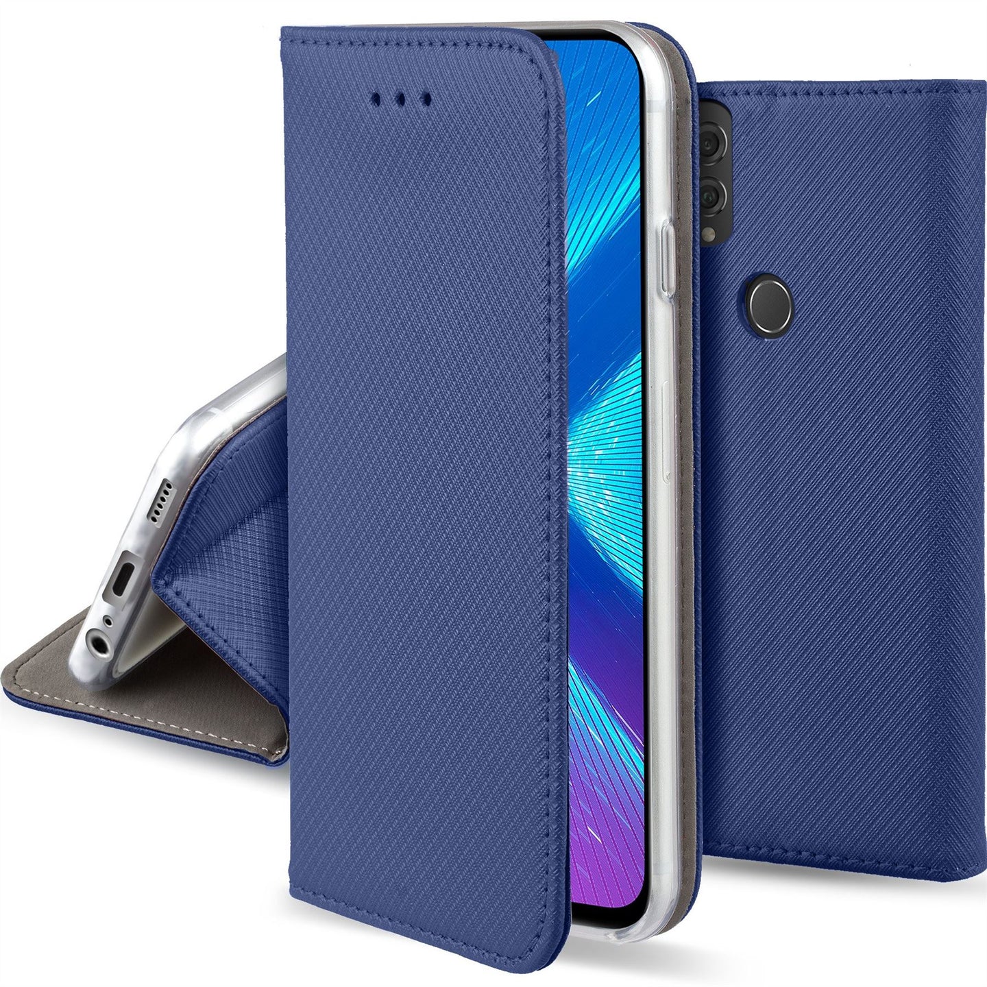 Moozy Case Flip Cover for Huawei Honor 8X, Dark Blue - Smart Magnetic Flip Case with Card Holder and Stand