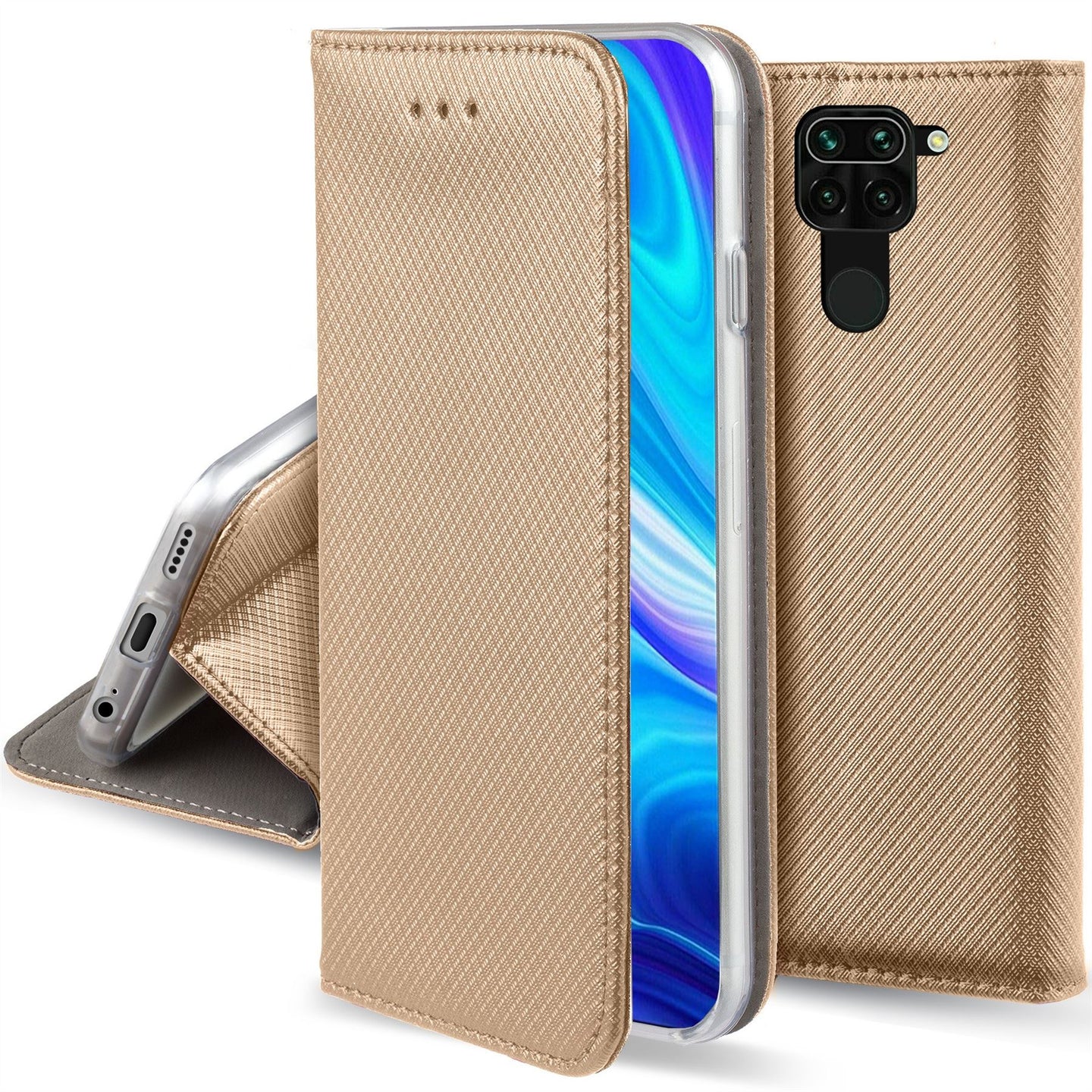 Moozy Case Flip Cover for Xiaomi Redmi Note 9, Gold - Smart Magnetic Flip Case with Card Holder and Stand