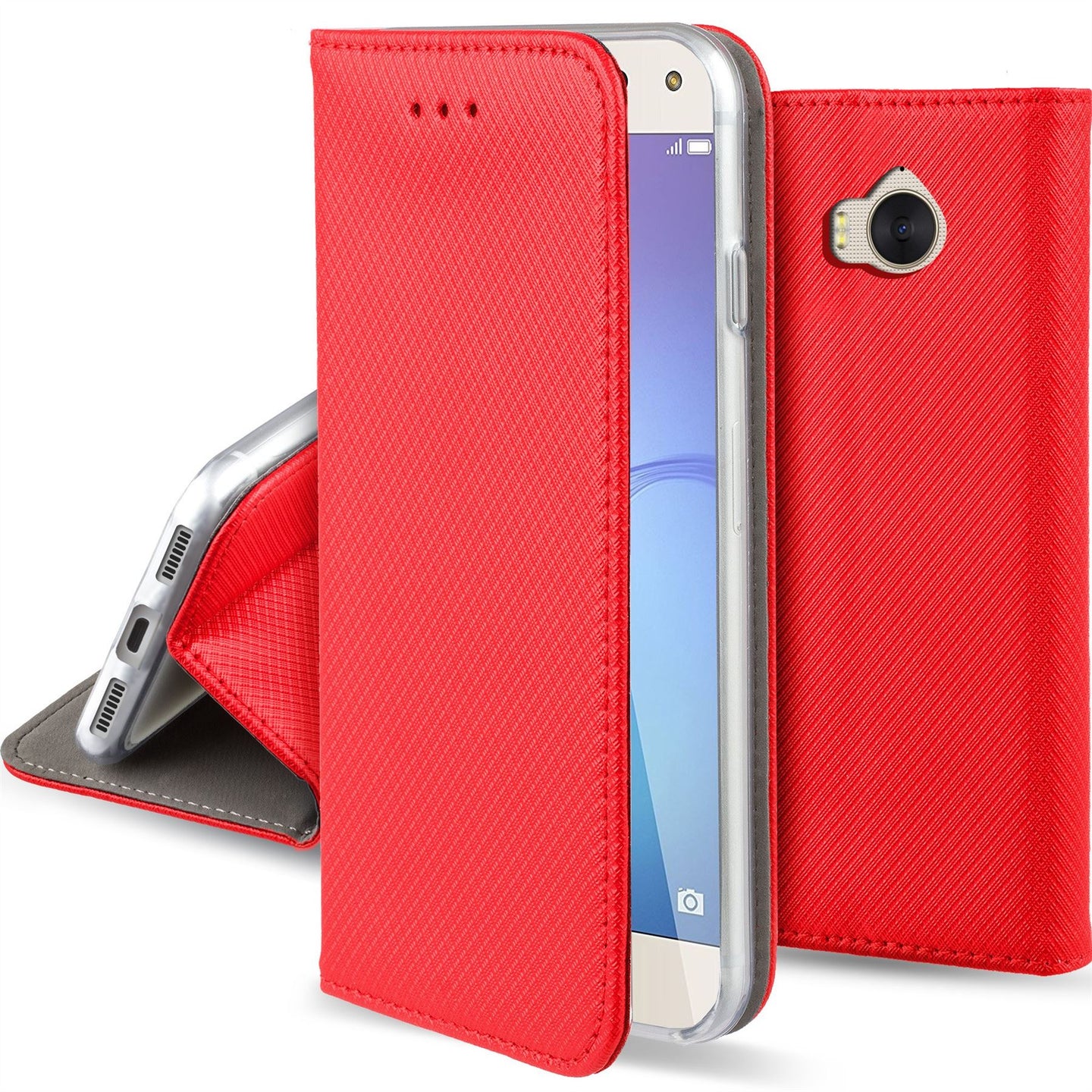 Moozy Case Flip Cover for Huawei Y6 2017, Red - Smart Magnetic Flip Case with Card Holder and Stand