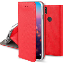 Charger l&#39;image dans la galerie, Moozy Case Flip Cover for Huawei P20 Lite, Red - Smart Magnetic Flip Case with Card Holder and Stand
