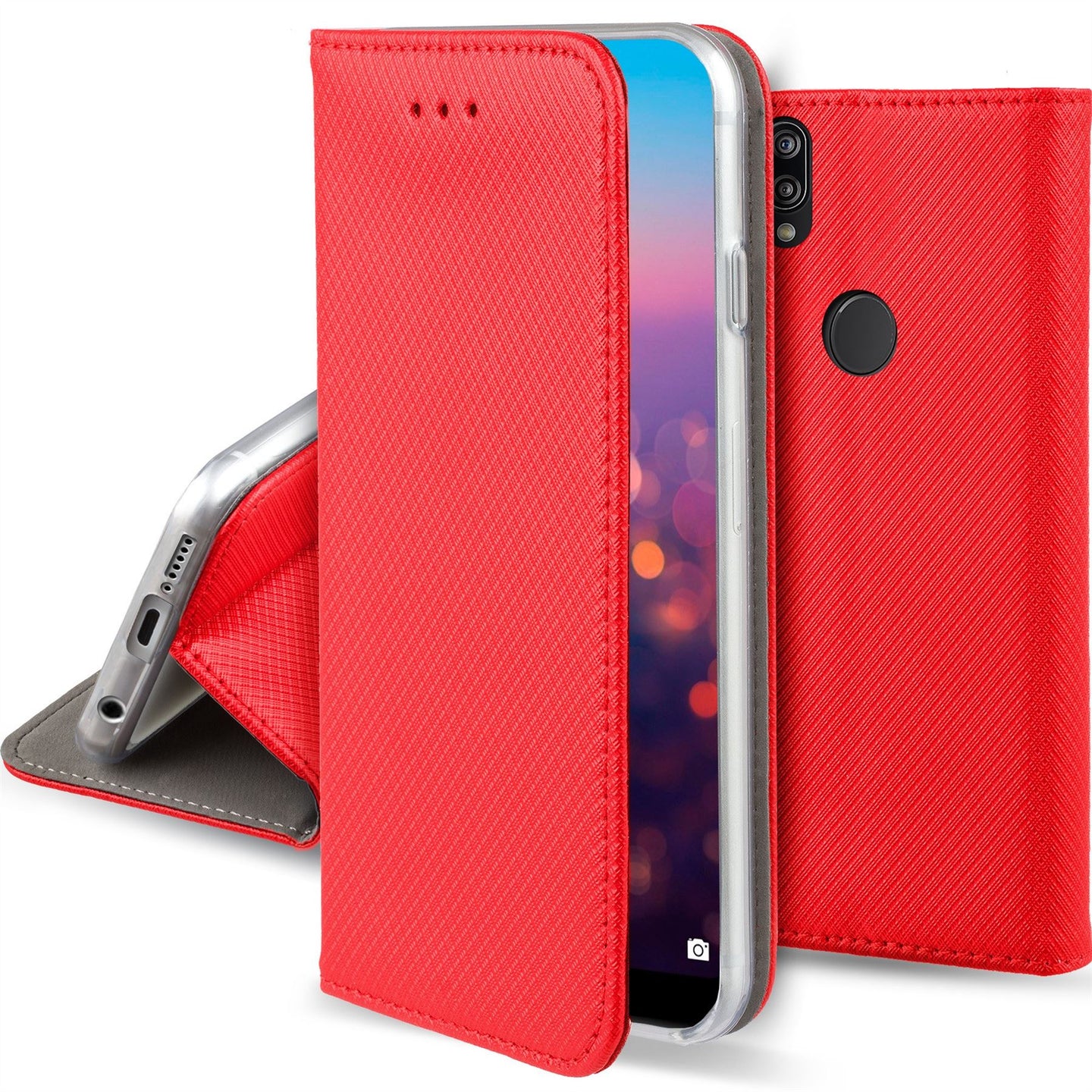 Moozy Case Flip Cover for Huawei P20 Lite, Red - Smart Magnetic Flip Case with Card Holder and Stand