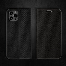 Afbeelding in Gallery-weergave laden, Moozy Wallet Case for iPhone 13 Pro, Black Carbon – Flip Case with Metallic Border Design Magnetic Closure Flip Cover with Card Holder
