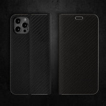 Lade das Bild in den Galerie-Viewer, Moozy Wallet Case für iPhone 13 Pro, Black Carbon – Flip Case mit Metallic Rand Design Magnetverschluss Flip Cover mit Kartenhalter und Kickstand Funktion
