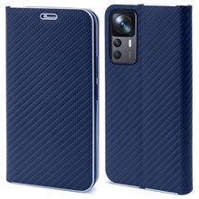Carica l&#39;immagine nel visualizzatore di Gallery, Moozy Wallet Case for Xiaomi 12T and 12T Pro, Dark Blue Carbon - Flip Case with Metallic Border Design Magnetic Closure Flip Cover with Card Holder and Kickstand Function
