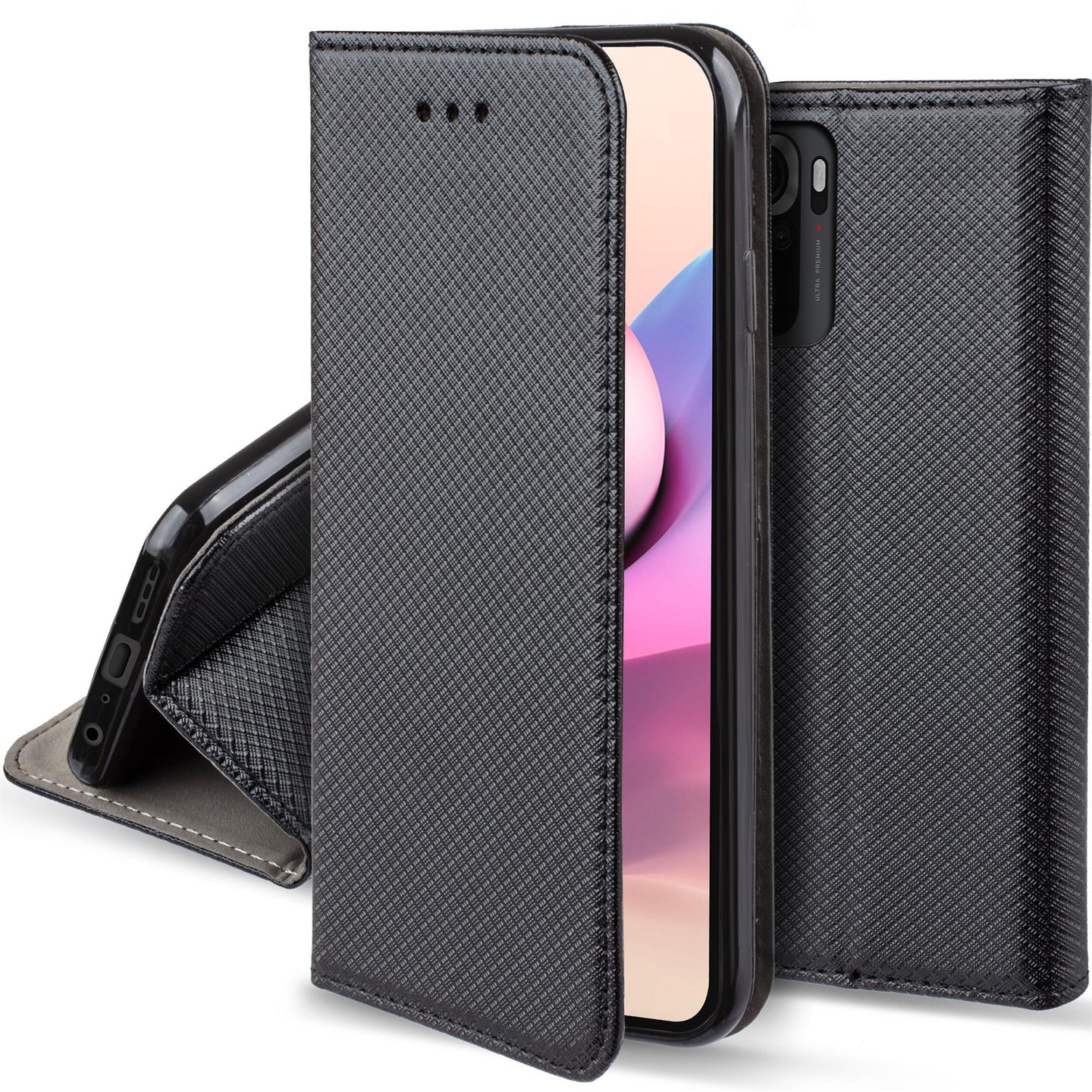 Moozy Case Flip Cover for Xiaomi Redmi Note 10 and Redmi Note 10S, Black - Smart Magnetic Flip Case Flip Folio Wallet Case