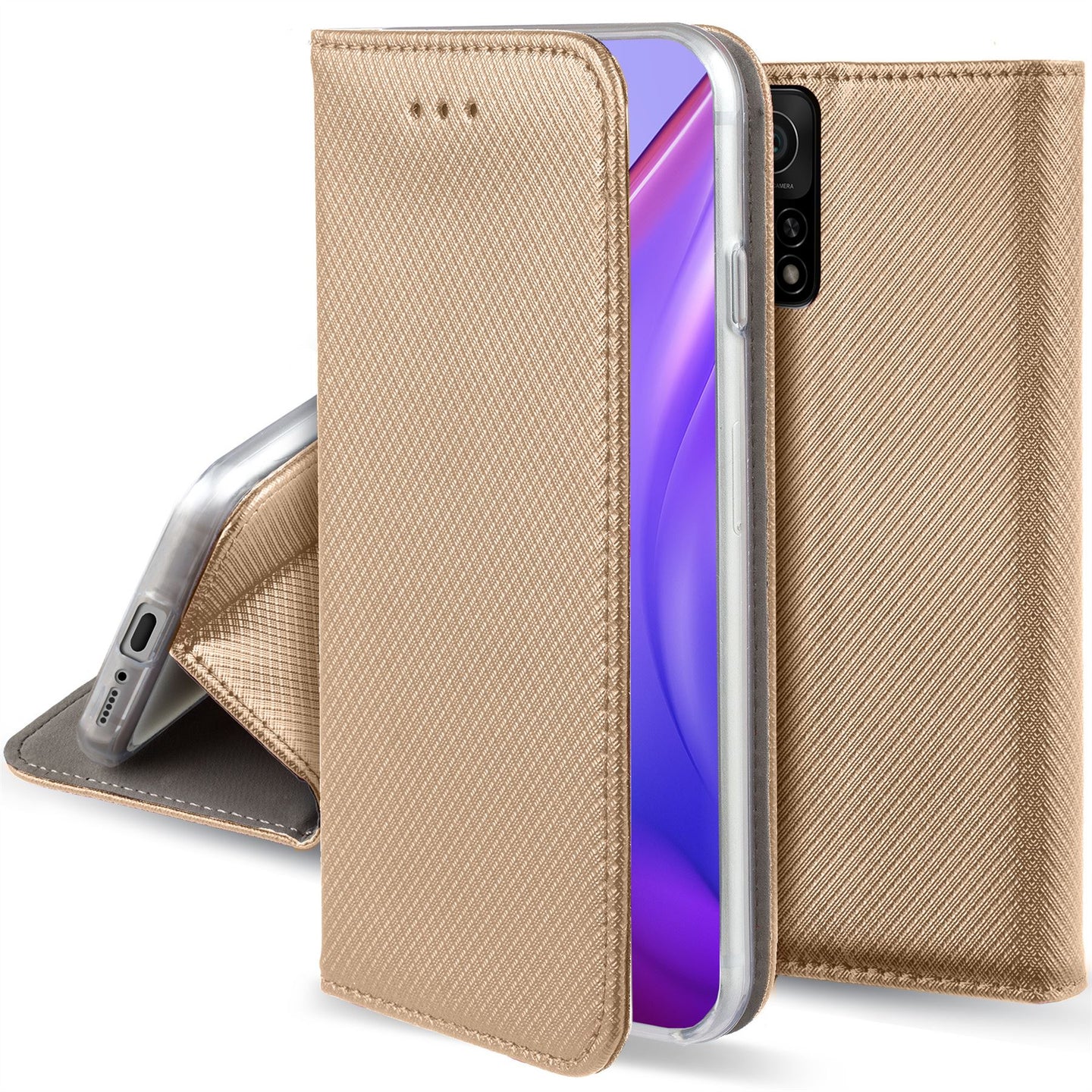 Moozy Case Flip Cover for Xiaomi Mi 10T 5G and Mi 10T Pro 5G, Gold - Smart Magnetic Flip Case with Card Holder and Stand
