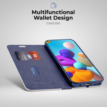 Cargar imagen en el visor de la galería, Moozy Wallet Case for Samsung A21s, Dark Blue Carbon – Metallic Edge Protection Magnetic Closure Flip Cover with Card Holder
