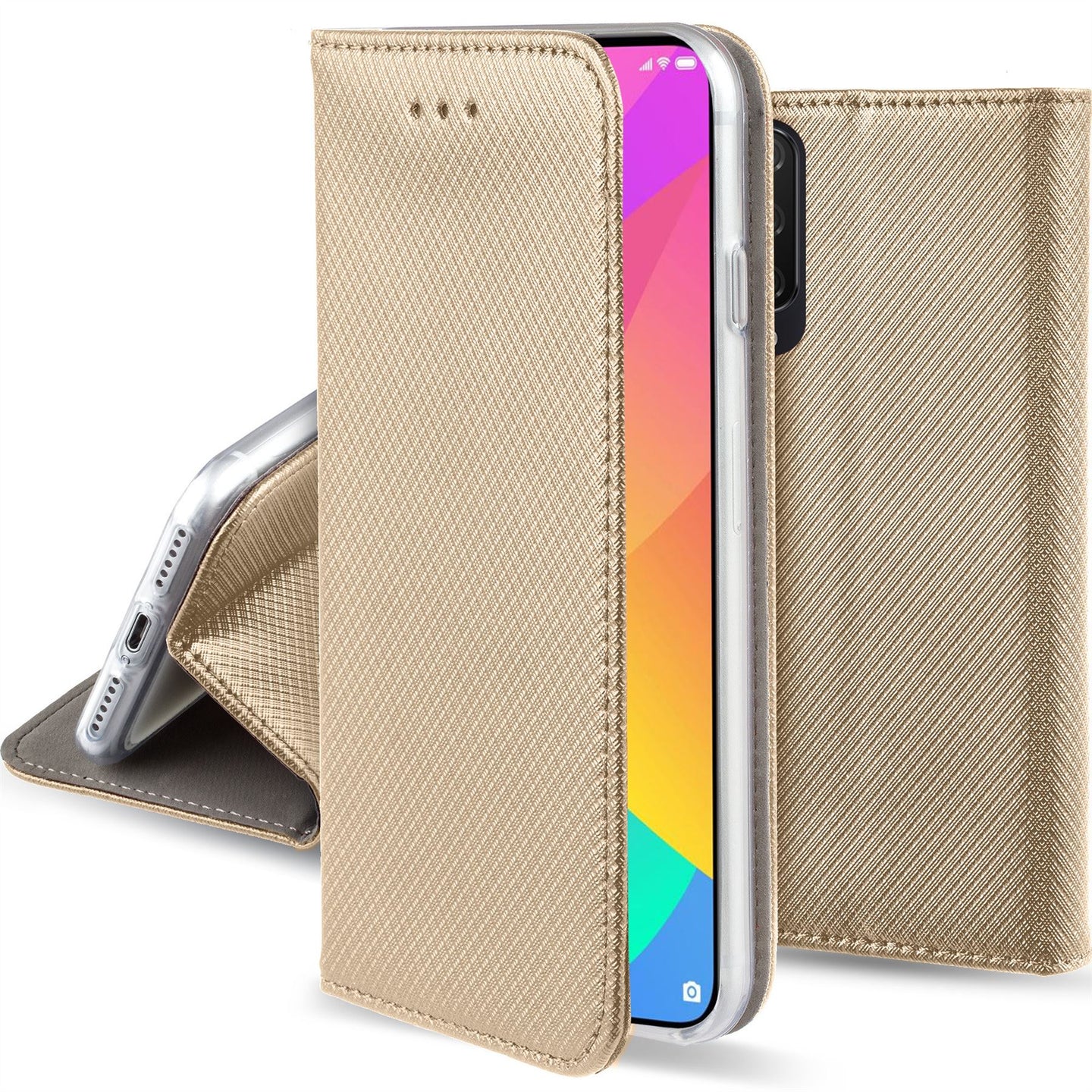 Moozy Case Flip Cover for Xiaomi Mi 9 Lite, Mi A3 Lite, Gold - Smart Magnetic Flip Case with Card Holder and Stand