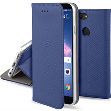 Lade das Bild in den Galerie-Viewer, Moozy Case Flip Cover for Huawei P Smart, Dark Blue - Smart Magnetic Flip Case with Card Holder and Stand
