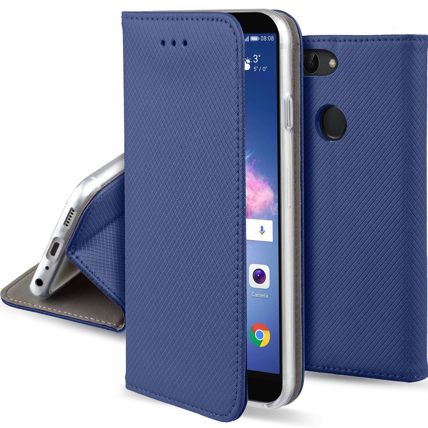 Moozy Case Flip Cover for Huawei P Smart, Dark Blue - Smart Magnetic Flip Case with Card Holder and Stand