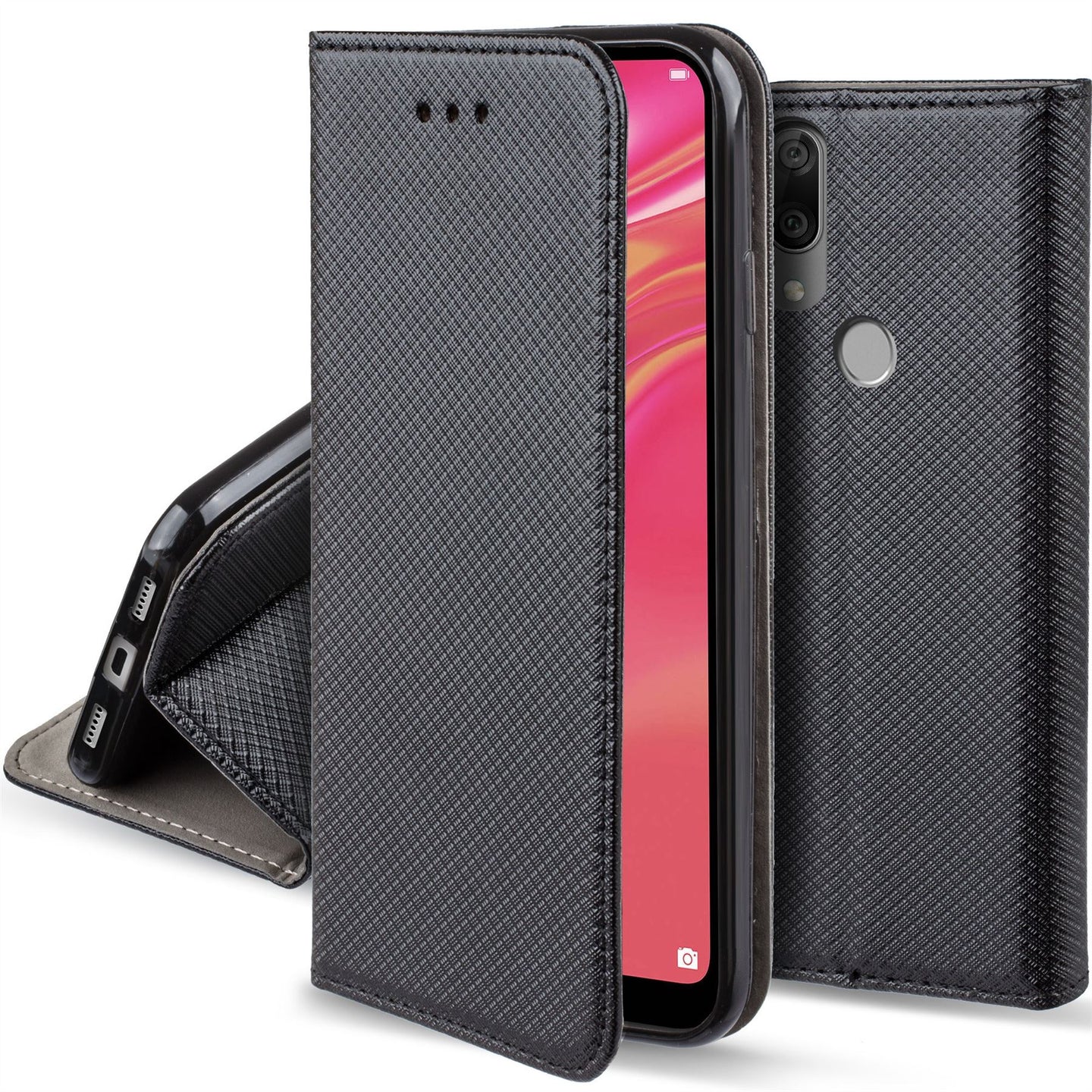 Moozy Case Flip Cover for Huawei Y7 2019, Huawei Y7 Prime 2019, Black - Smart Magnetic Flip Case with Card Holder and Stand