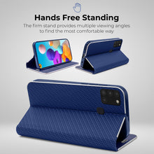 Carica l&#39;immagine nel visualizzatore di Gallery, Moozy Wallet Case for Samsung A21s, Dark Blue Carbon – Metallic Edge Protection Magnetic Closure Flip Cover with Card Holder
