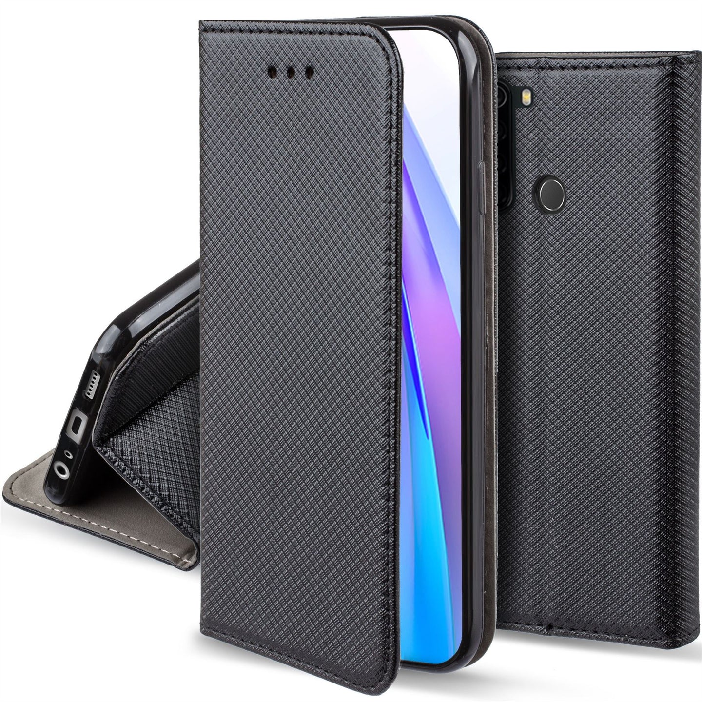 Moozy Case Flip Cover for Xiaomi Redmi Note 8T, Black - Smart Magnetic Flip Case with Card Holder and Stand