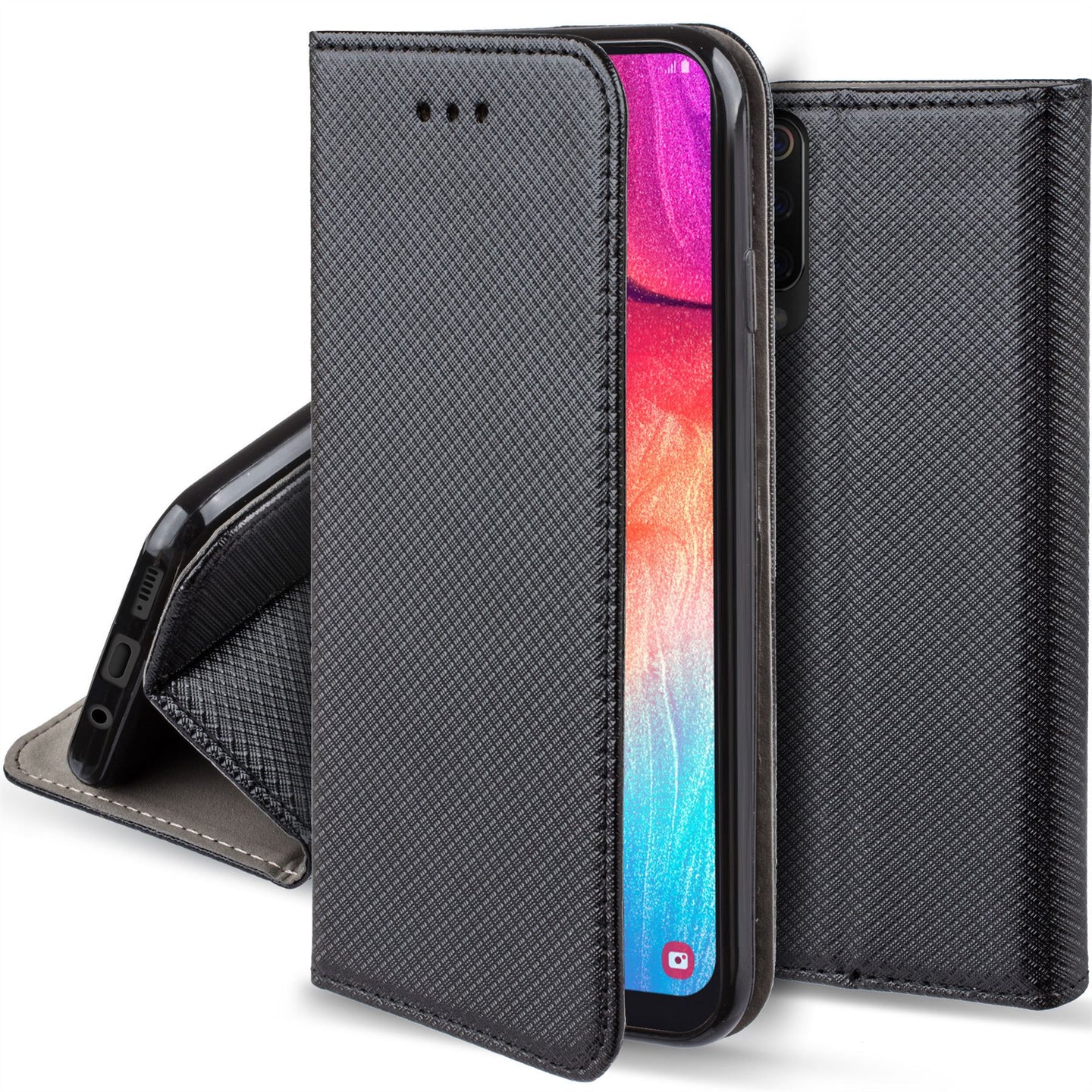 Moozy Case Flip Cover for Samsung A50, Black - Smart Magnetic Flip Case with Card Holder and Stand