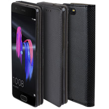 Carica l&#39;immagine nel visualizzatore di Gallery, Moozy Case Flip Cover for Huawei Honor 9, Black - Smart Magnetic Flip Case with Card Holder and Stand
