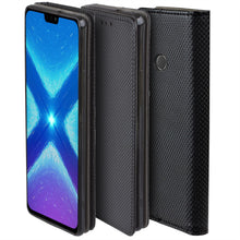 Charger l&#39;image dans la galerie, Moozy Case Flip Cover for Huawei Honor 8X, Black - Smart Magnetic Flip Case with Card Holder and Stand
