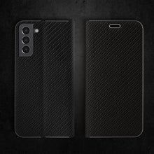 Ladda upp bild till gallerivisning, Moozy Wallet Case for Samsung S21 5G and 4G, Black Carbon – Flip Case with Metallic Border Design Magnetic Closure Flip Cover with Card Holder and Kickstand Function
