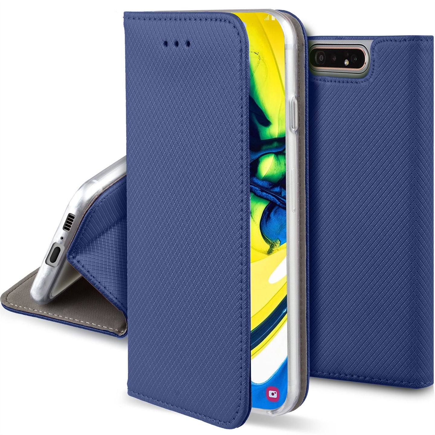 Moozy Case Flip Cover for Samsung A80, Dark Blue - Smart Magnetic Flip Case with Card Holder and Stand