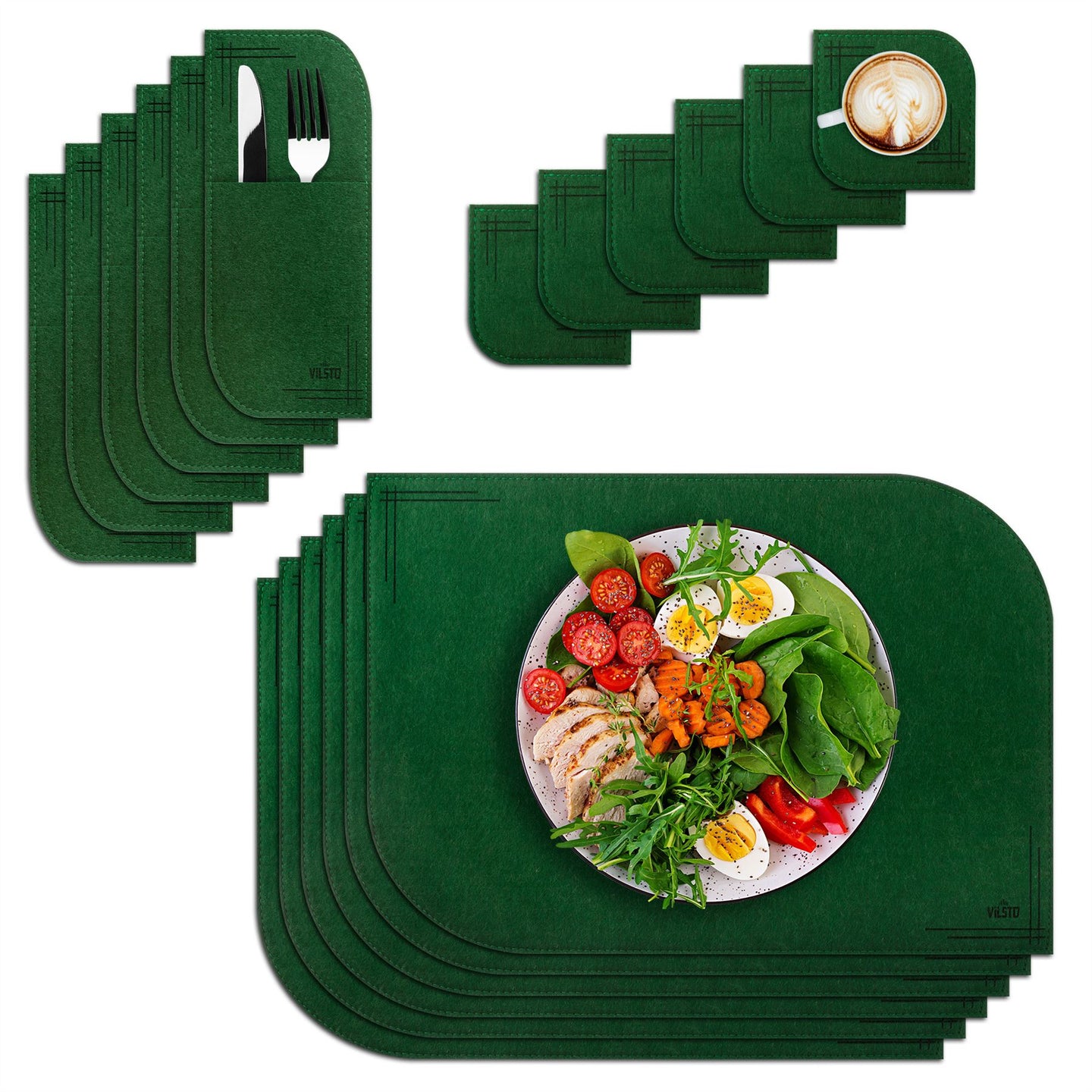 VILSTO Felt Fabric Place Mats, Dining Table Dinner Sets, Placemats and Coasters Set with Cutlery Holder, 18 Piece Set, Kitchen Mat, Dark Green