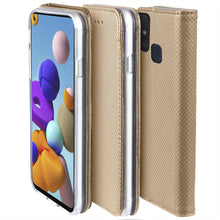 Cargar imagen en el visor de la galería, Moozy Case Flip Cover for Samsung A21s, Gold - Smart Magnetic Flip Case with Card Holder and Stand
