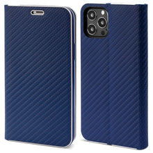 Lade das Bild in den Galerie-Viewer, Moozy Wallet Case for iPhone 13 Pro Max, Dark Blue Carbon – Flip Case with Metallic Border Design Magnetic Closure Flip Cover with Card Holder
