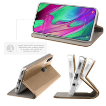 Lade das Bild in den Galerie-Viewer, Moozy Case Flip Cover for Samsung A40, Gold - Smart Magnetic Flip Case with Card Holder and Stand
