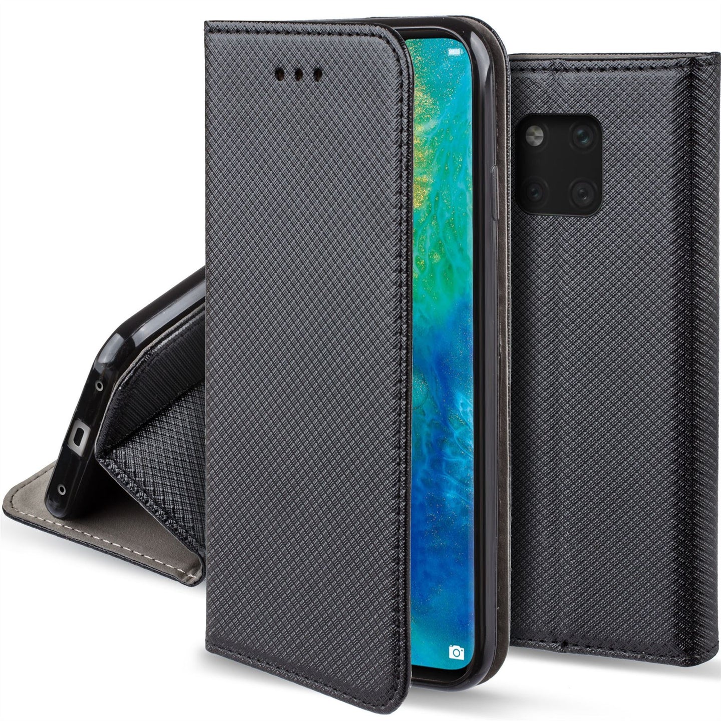 Moozy Case Flip Cover for Huawei Mate 20 Pro, Black - Smart Magnetic Flip Case with Card Holder and Stand