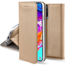 Charger l&#39;image dans la galerie, Moozy Case Flip Cover for Samsung A70, Gold - Smart Magnetic Flip Case with Card Holder and Stand
