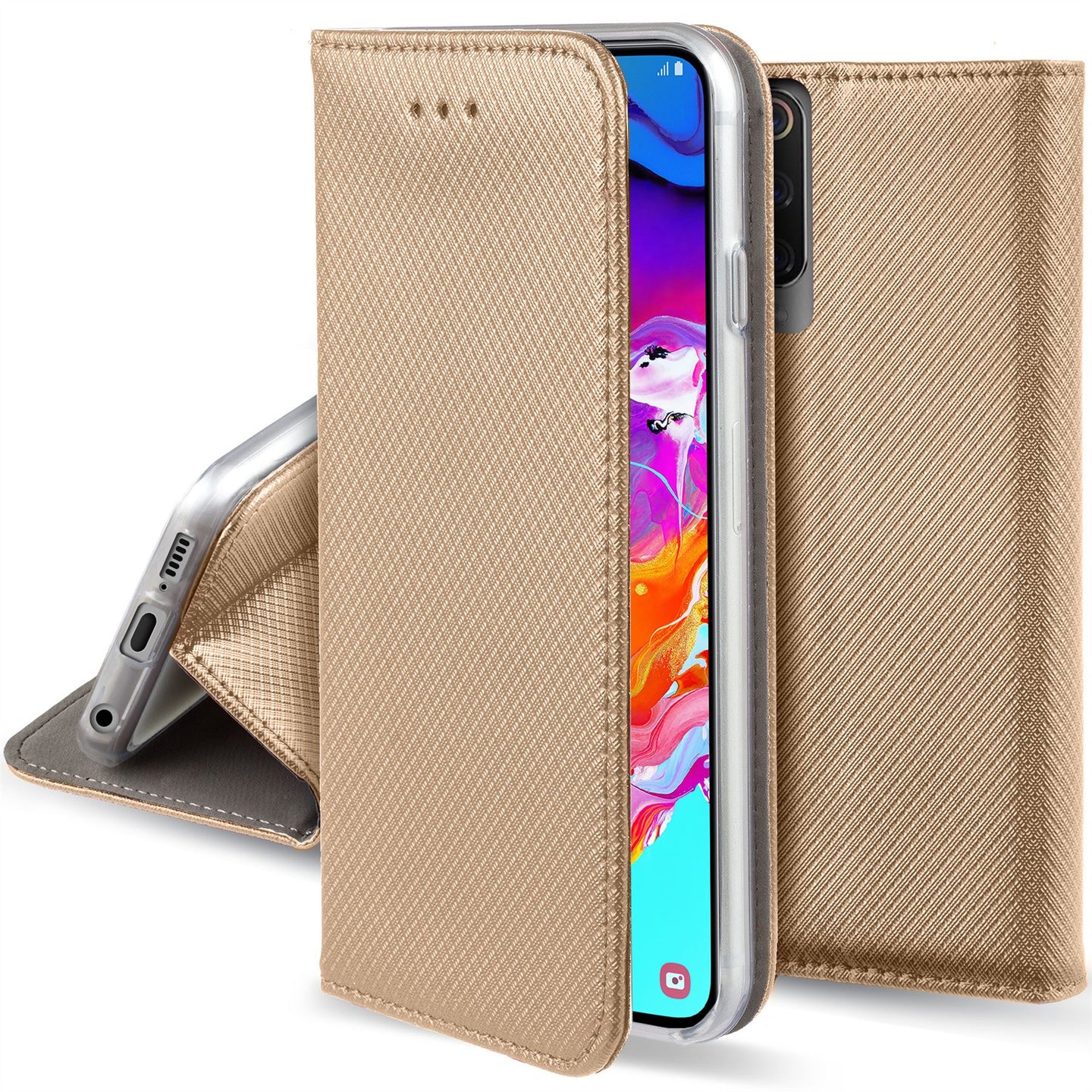 Moozy Case Flip Cover for Samsung A70, Gold - Smart Magnetic Flip Case with Card Holder and Stand