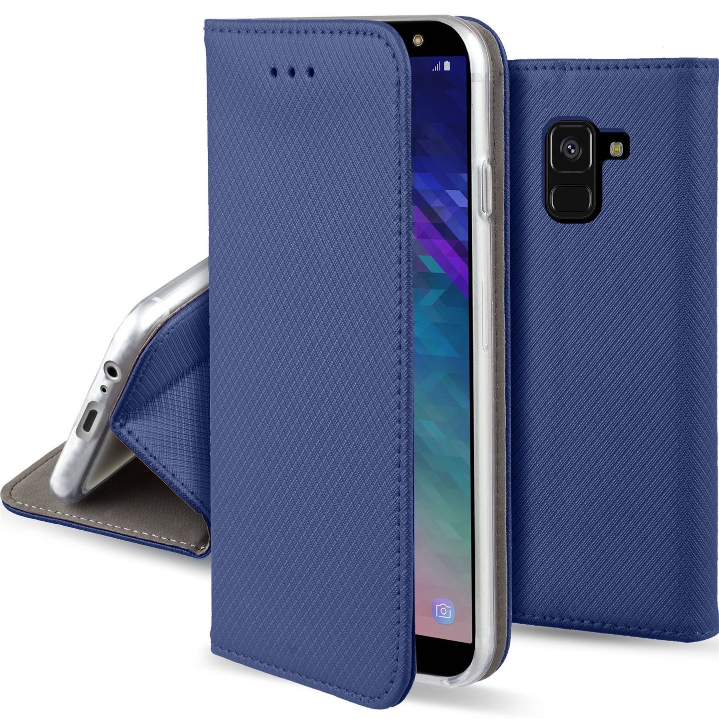 Moozy Case Flip Cover for Samsung J6 2018, Dark Blue - Smart Magnetic Flip Case with Card Holder and Stand