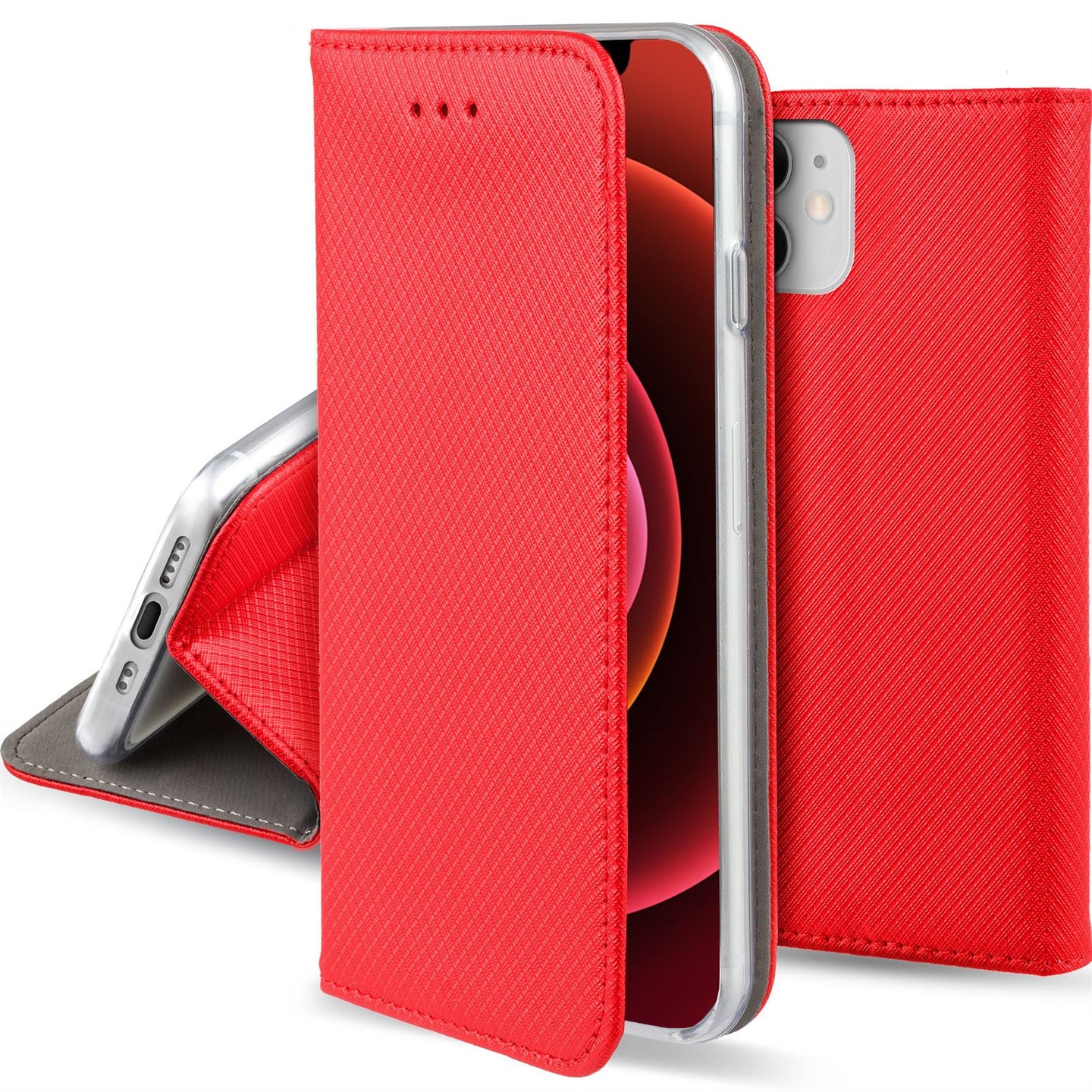 Moozy Case Flip Cover for iPhone 12, iPhone 12 Pro, Red - Smart Magnetic Flip Case with Card Holder and Stand