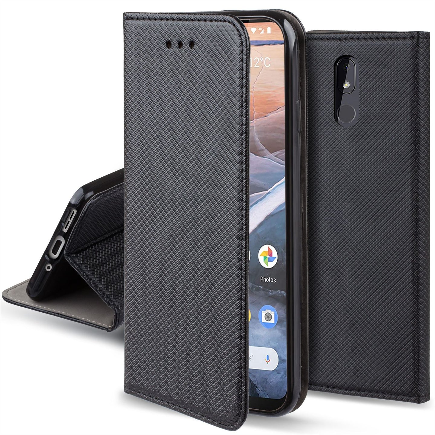 Moozy Case Flip Cover for Nokia 3.2, Black - Smart Magnetic Flip Case with Card Holder and Stand