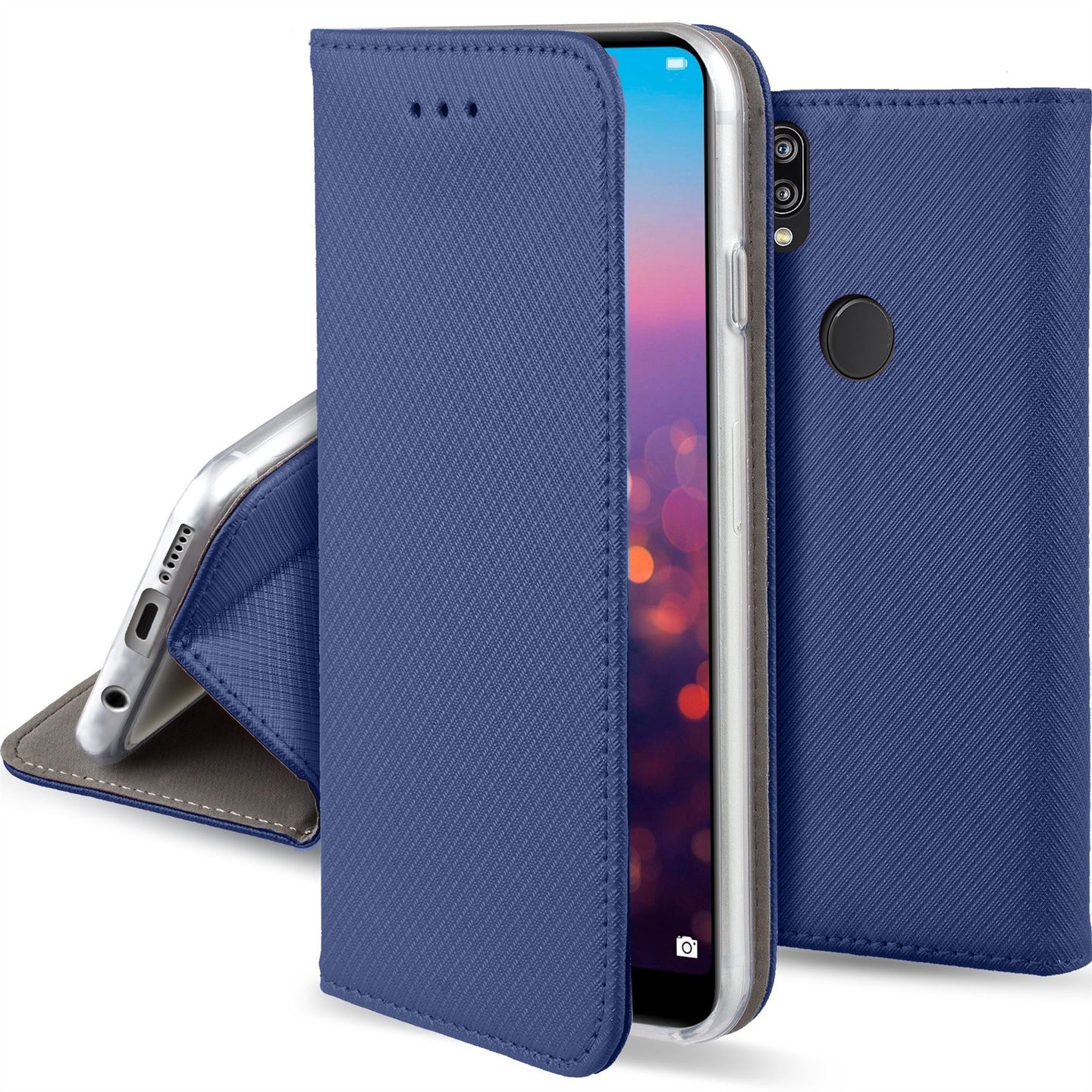 Moozy Case Flip Cover for Huawei P20 Lite, Dark Blue - Smart Magnetic Flip Case with Card Holder and Stand