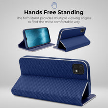 Cargar imagen en el visor de la galería, Moozy Wallet Case for Samsung A22 5G, Dark Blue Carbon – Flip Case with Metallic Border Design Magnetic Closure Flip Cover with Card Holder and Kickstand Function
