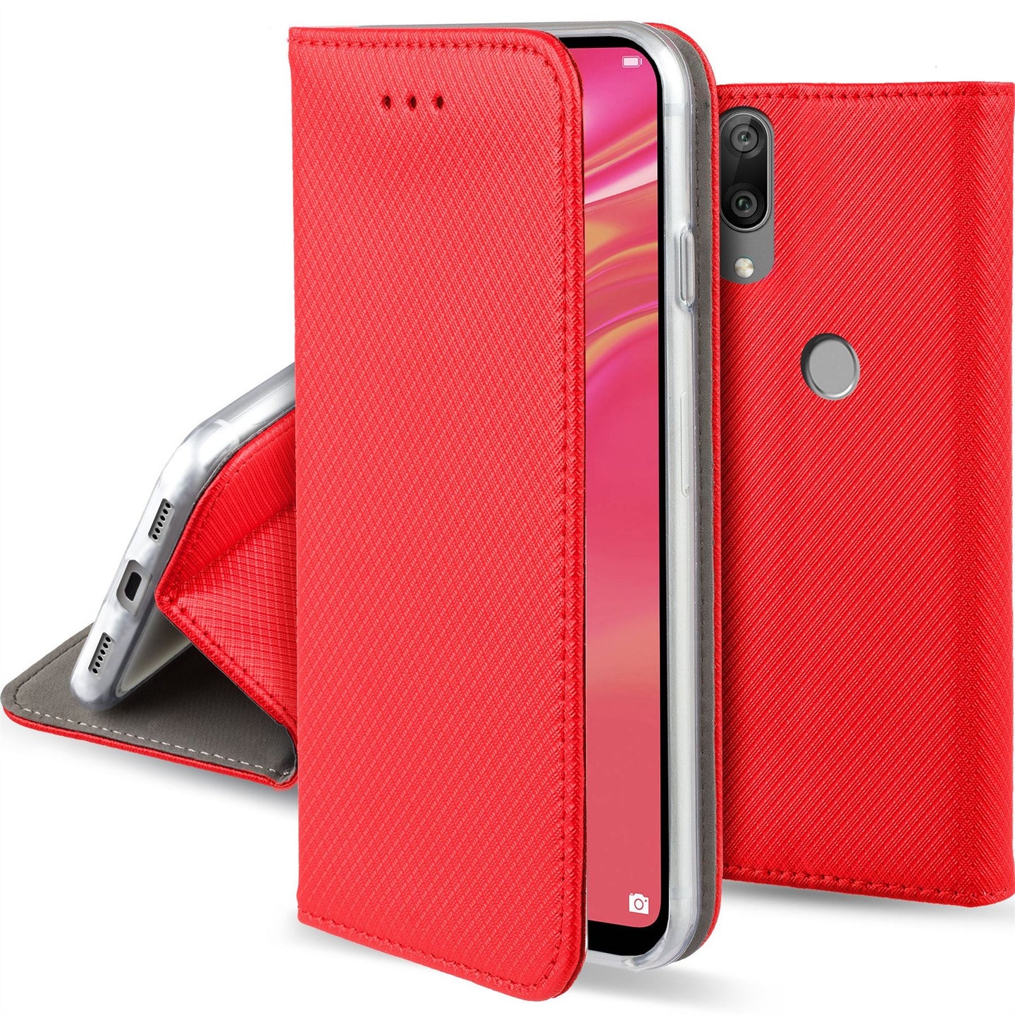 Moozy Case Flip Cover for Huawei Y7 2019, Huawei Y7 Prime 2019, Red - Smart Magnetic Flip Case with Card Holder and Stand