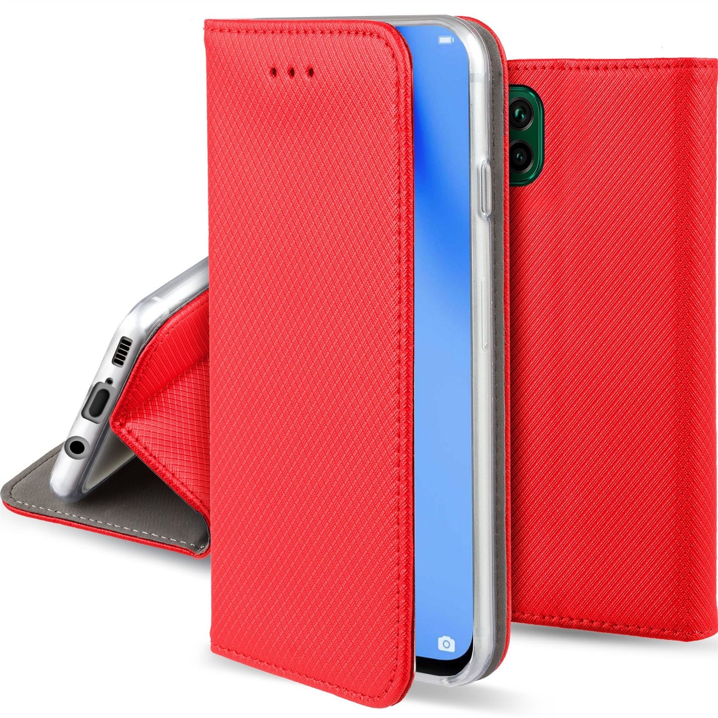Moozy Case Flip Cover for Huawei P40 Lite, Red - Smart Magnetic Flip Case with Card Holder and Stand