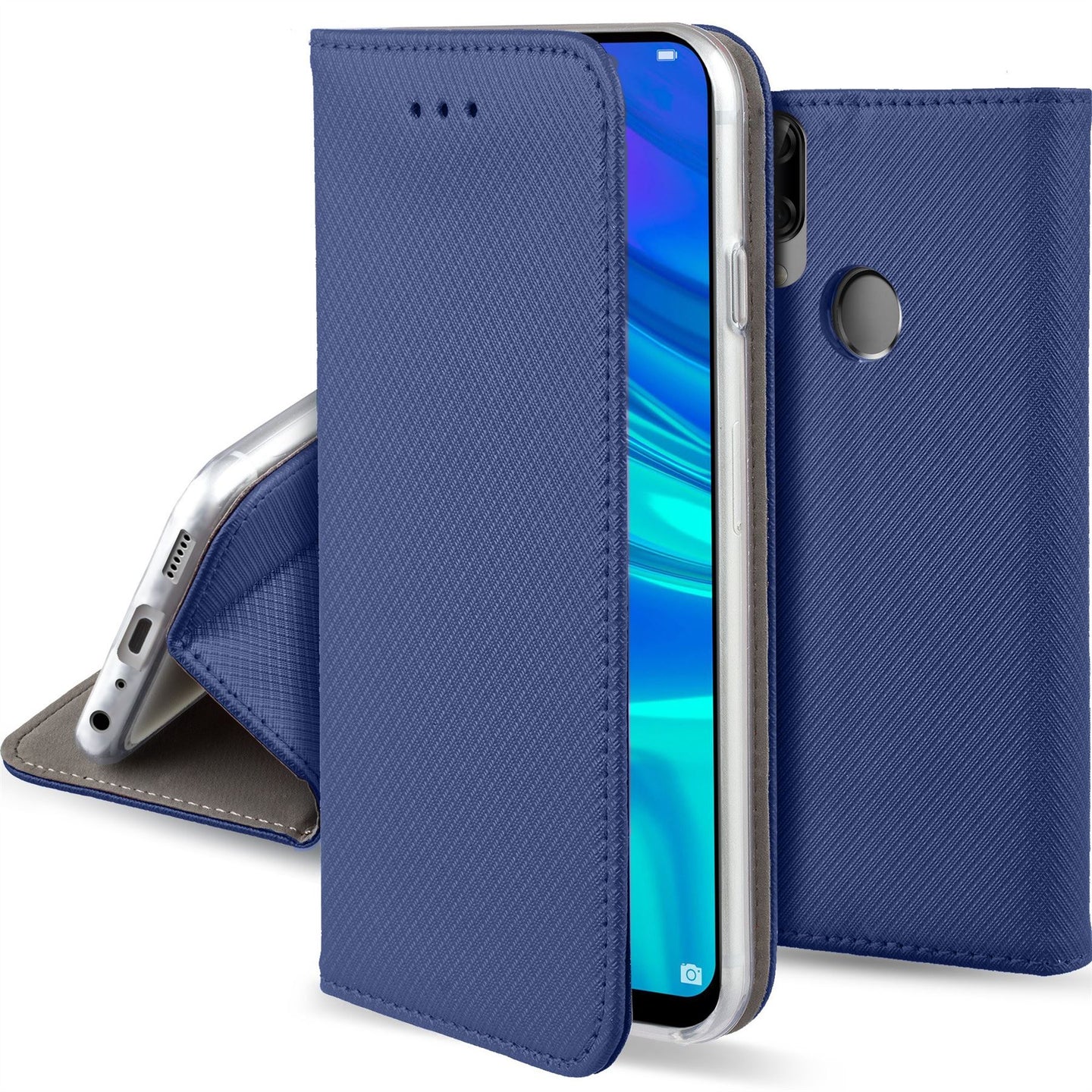 Moozy Case Flip Cover for Huawei P Smart 2019, Honor 10 Lite, Dark Blue - Smart Magnetic Flip Case with Card Holder and Stand