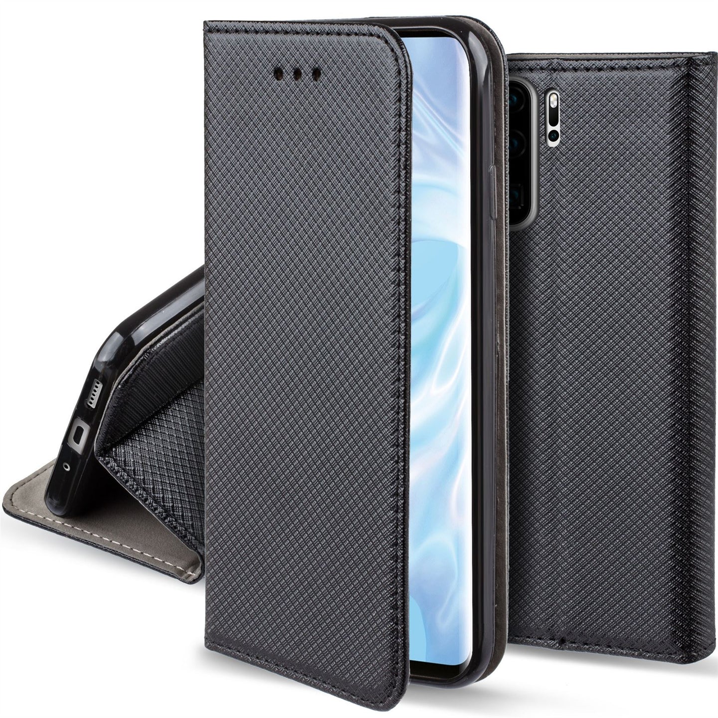 Moozy Case Flip Cover for Huawei P30 Pro, Black - Smart Magnetic Flip Case with Card Holder and Stand