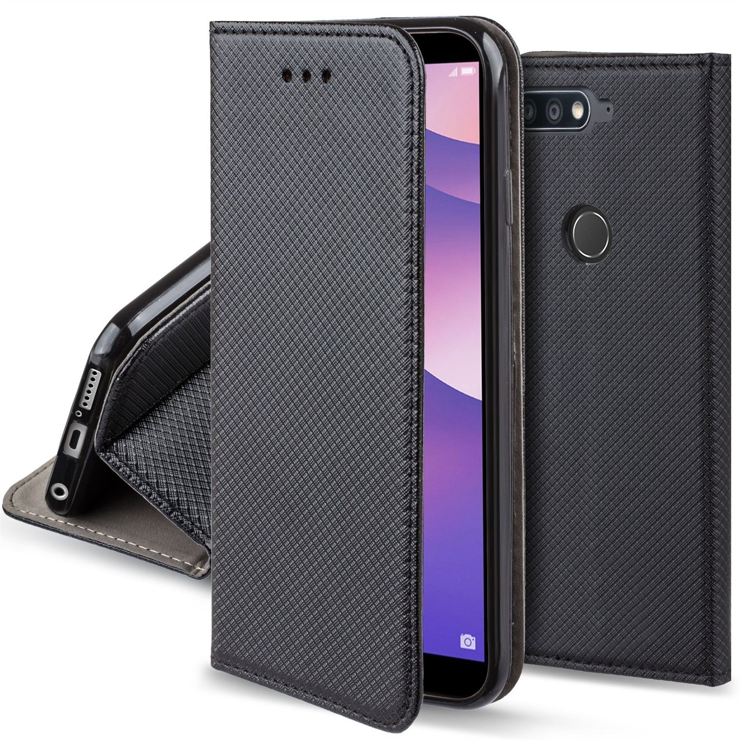 Moozy Case Flip Cover for Huawei Y7 Prime 2018, Huawei Nova 2 Lite, Black - Smart Magnetic Flip Case with Card Holder and Stand