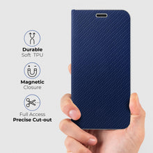 Załaduj obraz do przeglądarki galerii, Moozy Wallet Case for iPhone 12, iPhone 12 Pro, Dark Blue Carbon – Metallic Edge Protection Magnetic Closure Flip Cover with Card Holder
