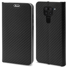 Load image into Gallery viewer, Moozy Wallet Case for Xiaomi Redmi Note 9, Black Carbon – Metallic Edge Protection Magnetic Closure Flip Cover with Card Holder
