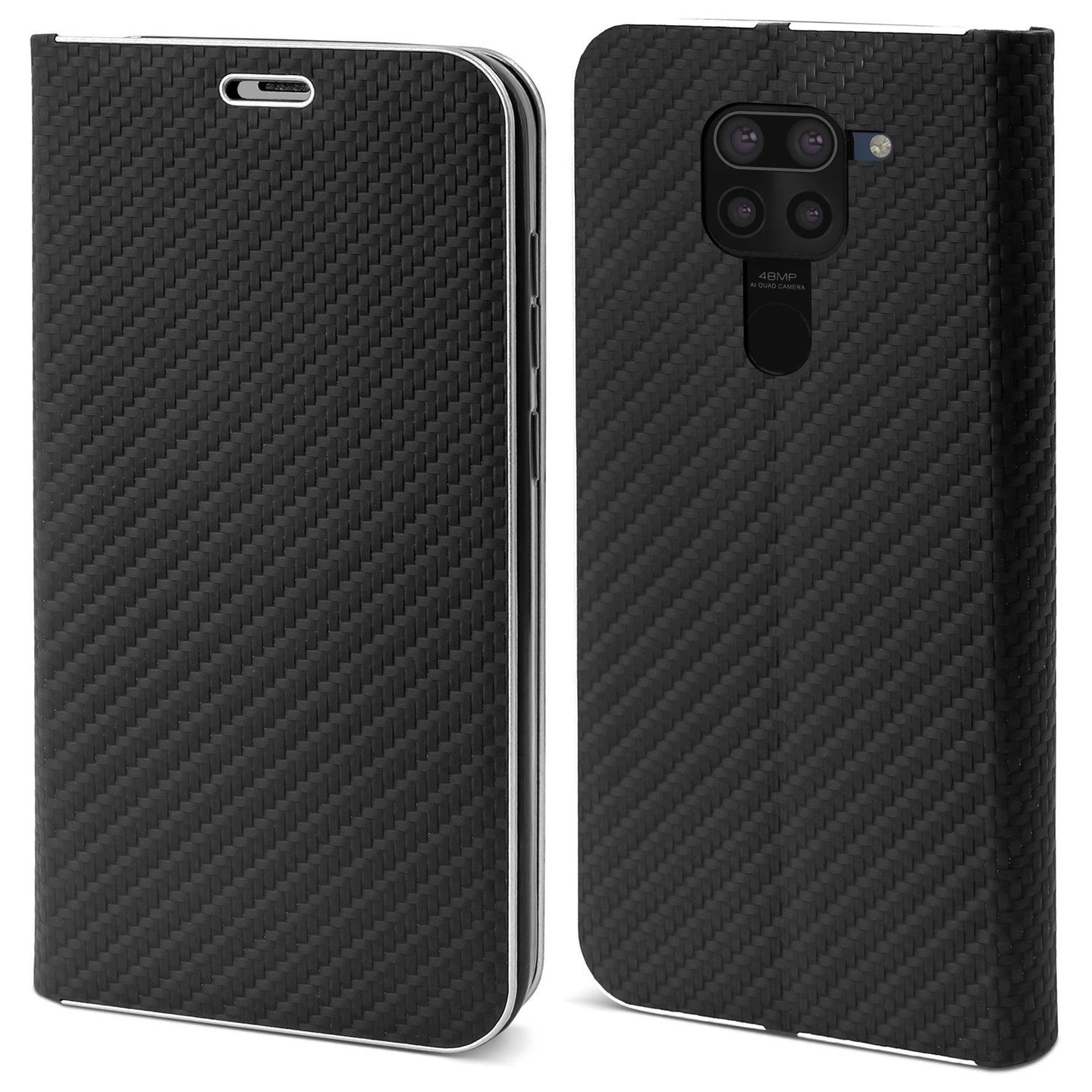 Moozy Wallet Case for Xiaomi Redmi Note 9, Black Carbon – Metallic Edge Protection Magnetic Closure Flip Cover with Card Holder