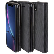Load image into Gallery viewer, Moozy Case Flip Cover for iPhone XR, Black - Smart Magnetic Flip Case with Card Holder and Stand
